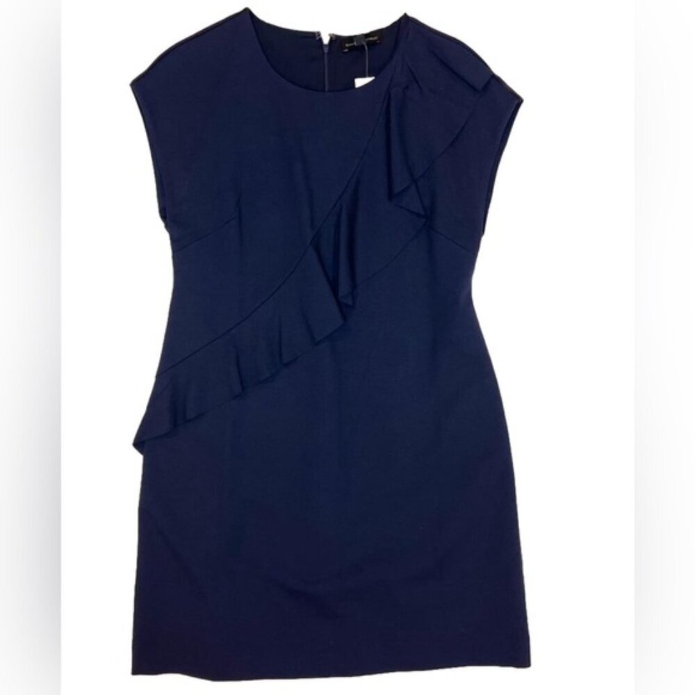 NWT BANANA REPUBLIC Crew Neck Asymmetrical Ruffle Navy‎ Sheath Dress Lined Sz 8P